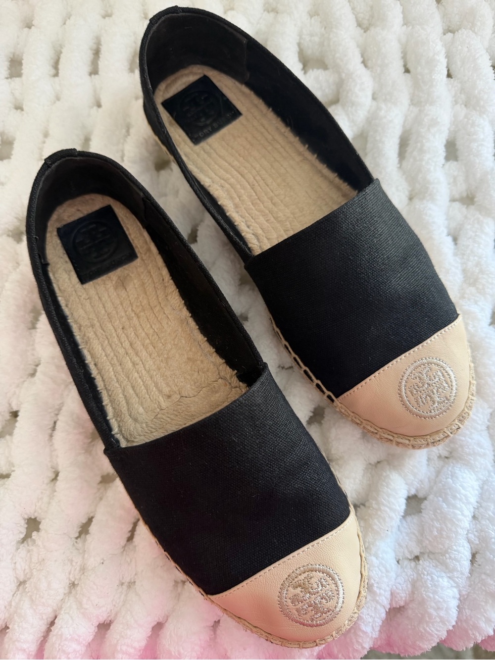 Tory Burch Black Leather Cap Toe Espadrille Flats Size 9.5